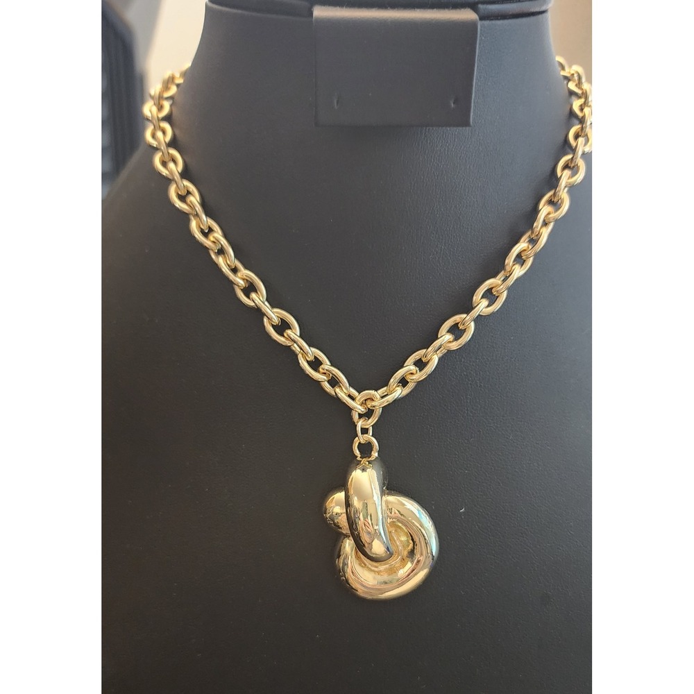 Gold Tone Chunky Rolo Chain Necklace Abstract Knot Pendant Adjustable Clasp